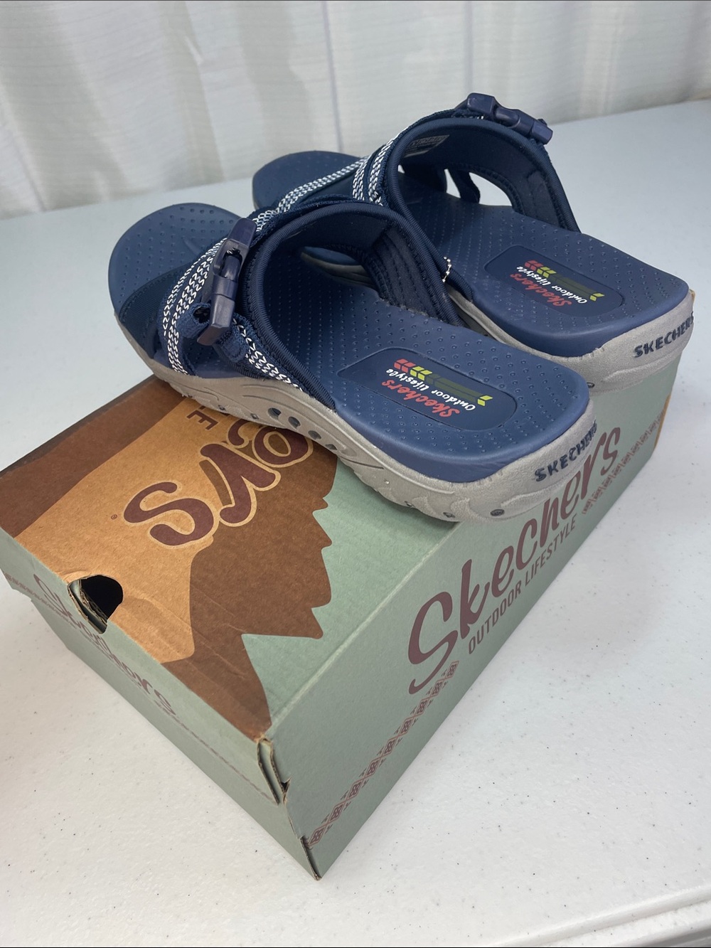 Skechers women’s Navy and White Slip-On Sport Sandals - Picture 5 of 9